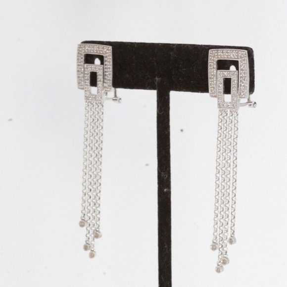14k WHITE GOLD DIAMOND LONG DANGLE DROP TASSEL EARRINGS - Picture 10 of 13